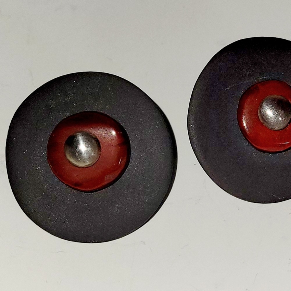 Black Earrings, Ceramic Post with Flint Stone & Sterling Button Center, Handmade